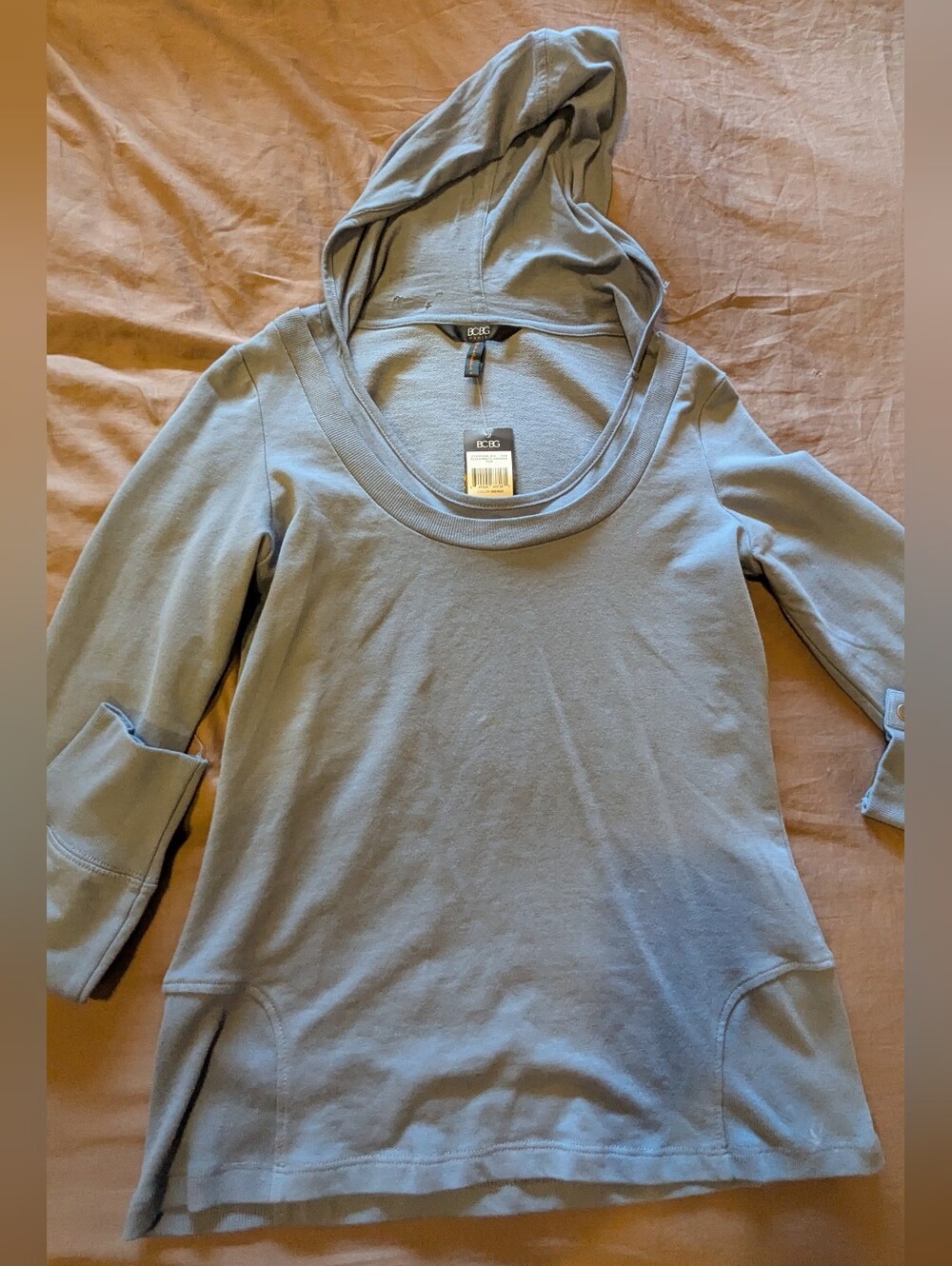 BCBG Women's Hooded Long Sleeve Top in Dusty Blue